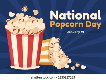 National Popcorn Day on January 19th with a Big Box of Red and White Stripe in Flat Cartoon Background Hand Drawn Templates Illustration