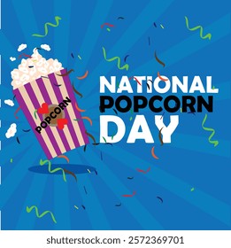 National popcorn day poster isolated with colorful design. Popcorn snacks with red and blue strip box. National pop corn day with beautiful design. January 19 popcorn day banner. vector isolated.