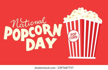 National popcorn day text banner. Handwriting text and red popcorn bucket on red background. Hand drawn vector art.