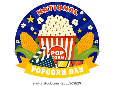 National Popcorn Day Vector Illustration on January 19th Featuring a Big Box of Popcorn for Enjoying Movies in a Flat Style Cartoon Background
