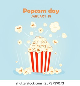 National Popcorn Day Vector Illustration on January 19th. Greeting card illustration with popcorn bucket on blue background. Flyer for event and social