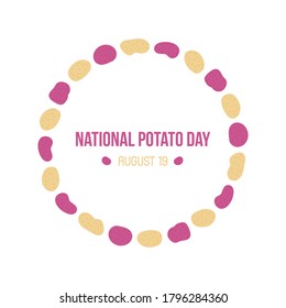 National Potato Day card, illustration with colorful potatoes round frame.