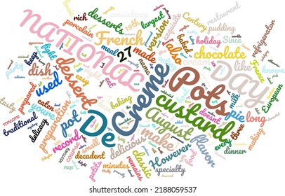 National Pots De Creme Day 27 August Word Cloud In Vector Art Creative Colourful White Back Ground