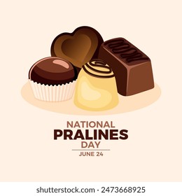 Ilustración vectorial de afiches del Día Nacional de los Pralines. Caramelos de chocolate icono Vector. Pila de varios pralinés de chocolate dibujo. Plantilla de fondo, Anuncio, tarjeta. El 24 de junio de cada año. Día importante