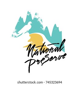 National Preserve Forest Park Labels In vector Illustrations. Calligraphy in vector. The silhouette sitting on top of the hawk mountains in the background,