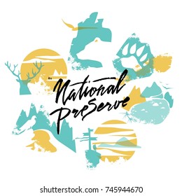National Preserve Forest Park Labels set  In vector Illustrations. The calligraphy National reserve. Illustrations of wildlife and animals: deer, bear, hawk. 