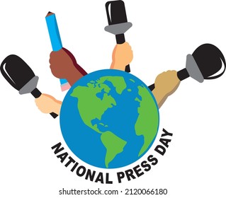 
National press day design in vector, round earth shape around hand holding microphone and pencil