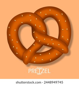 In: National Pretzel Day Event Banner. Ein köstlich aussehender Brezel-Keks mit Topping von Sesamsamen auf hellbraunem Hintergrund, um am 26. April zu feiern