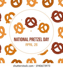 Nationaler Pretzel-Tag-Vektor-Grußkarte, Illustration mit süßen braunen Brezeln und Muster-Hintergrund.