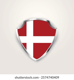 National pride of Denmark. Danish flag on a shield. Vector illustration.