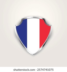 National pride of France. French flag on a shield. Vector illustration.