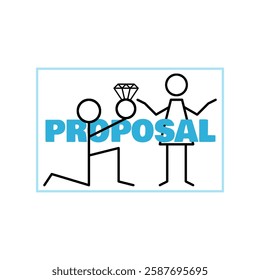 National Proposal Day to celebrate on March 20th. Illustration of a stick man proposing to his girl with a jewel ring on a white background.