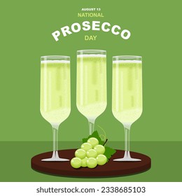 National Prosecco Day on August 13. Green background color, wine, sparkling wine in glasses and stand product Vector template design for poster, banner, flyer, social media post, etc.