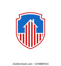 National Protection USA house symbol US flag. Government program
 Defending Motherland Emblem. Day of Patriots of America. Security house sign. Shield and Building
