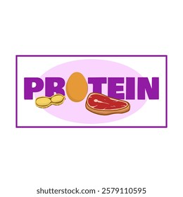 National Protein day to celebrate on February 27th. Bold text with an egg, peanuts and pieces of red meat as a source of protein in frame on white background.