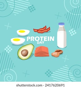 National Protein day event banner. Several types of food that contain protein such as salmon, eggs, milk and bacon, with bold text and elements on light blue background to celebrate on February 27