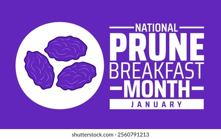 National Prune Breakfast Month background, banner or poster design template. observed every year in January. Holiday concept. Use to any Template, card, poster, placard, template.