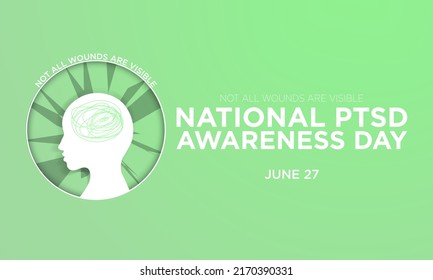 National PTSD Awareness Day Banner on green gradient background. Editable Vector Illustration. Not all wounds are visible. 3d Human profile with post-traumatic stress disorder elements. June 27.