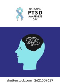National PTSD Awareness Day celebration greeting card with illustration of head and ribbon, symbol of psychological trauma related with army and military. vector  line art flat illustration