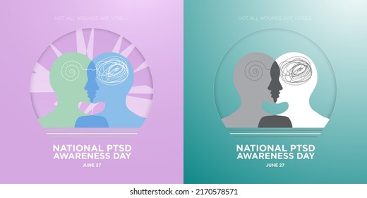 National PTSD Awareness Day Greeting Card Set. June 27. Not all wounds are visible. Two Human profile with post-traumatic stress disorder elements. Vector Illustration Set. EPS 10.