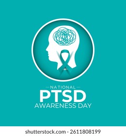 National PTSD Awareness Day is June 27. Health awareness vector. Realistic ribbon, Human and brain icon. Educate the public about post-traumatic stress disorder. Banner and background design template.