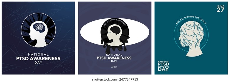 Cartel del Día Nacional de Concienciación del PTSD Tarjetas de Felicitación. No todas las heridas son visibles. Síntomas de trastorno de estrés postraumático símbolos de ilustración. Silueta de Perfil humano. Mente Agrietada. Vector.