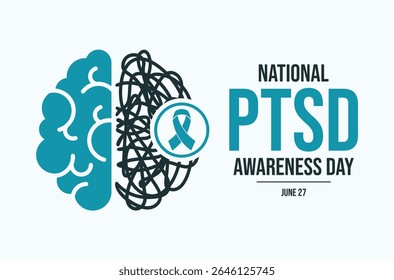 National PTSD Awareness Day poster vector illustration. Posttraumatic stress disorder teal awareness ribbon icon. Human brain with depression vector. Template for background, banner, card. 27 June