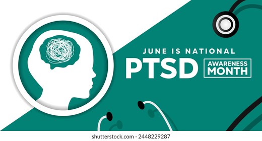 National PTSD Awareness Month. Human, brain and stethoscope. Great for cards, banners, posters, social media and more. Green background.