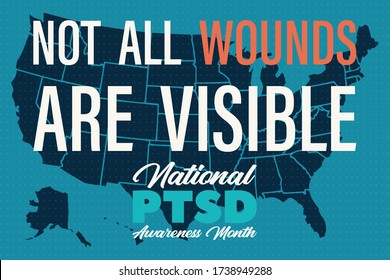 National PTSD Awareness Month is observed annually in June. The month is dedicated to raising awareness about the condition and how to access treatment. Background, poster, card, banner design. Vector