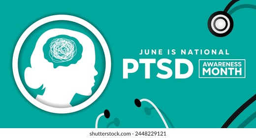 National PTSD Awareness Month. Women, brain and stethoscope. Great for cards, banners, posters, social media and more. Light blue background.