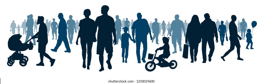 National public audience. Crowd of people walking people are going. Mob go, meeting event. Moving big group people, silhouette vector