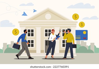 National public building workers concept. Clever officials at government building and employees of bank or Ministry of Finance and Economy. Democratic Community. Cartoon flat vector illustration