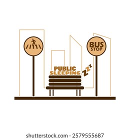 National Public Sleeping Day to celebrate on February 28th. Illustration of a public bench on the side of the road with two road sign posts.