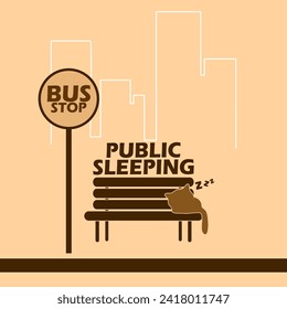 National Public Sleeping Day event banner. A chair with a sleeping cat against a bus stop pole in a public area, with bold text on light brown background to celebrate on February 28