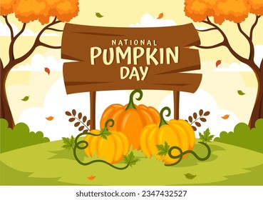 National Pumpkin Day Vector Illustration on 26 October with Cute Cartoon Style Pumpkin Character on Garden Background Hand Drawn Template