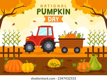 National Pumpkin Day Vector Illustration on 26 October with Cute Cartoon Style Pumpkin Character on Garden Background Hand Drawn Template