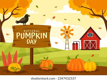 National Pumpkin Day Vector Illustration on 26 October with Cute Cartoon Style Pumpkin Character on Garden Background Hand Drawn Template