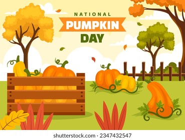 National Pumpkin Day Vector Illustration on 26 October with Cute Cartoon Style Pumpkin Character on Garden Background Hand Drawn Template