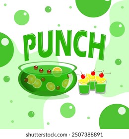 National Punch Day event drink banner. A glass jar containing a fresh melon-flavored drink filled with cherries and lemon slices on white background to celebrate on September 20th