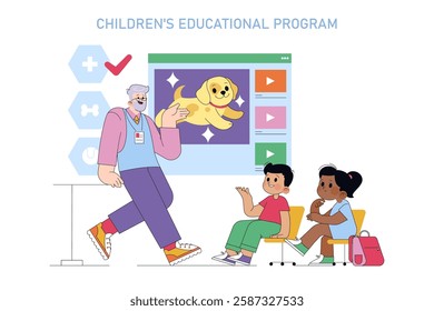 National Puppy Day brings joy to children learning about pets. A cheerful educator presents a fun program featuring a puppy. Engaging visuals entice young minds. Educating kids about animals fosters