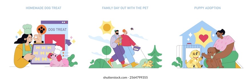 National Puppy Day celebrates the joy and love puppies bring into our lives. The illustration features activities like making homemade dog treats, enjoying family outings, and emphasizing the