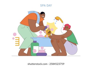 National Puppy Day celebrates the joy of dog ownership and the importance of adopting pets. The illustration shows a caring moment, where a dog is being groomed, highlighting love and companionship