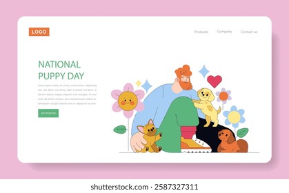 National Puppy Day celebration encourages adoption and appreciation of puppies. It features joyful moments shared between humans and playful puppies, highlighting love and companionship. Vector