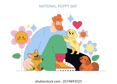 National Puppy Day celebration. A joyful scene showcasing a person surrounded by playful puppies in a vibrant, floral setting. This illustration embodies the love and happiness that comes from our