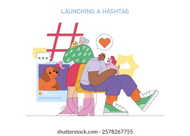 National Puppy Day illustration. Celebrating the joy and bond between people and puppies through social media engagement. Showcases interactions among diverse individuals and their adorable pets