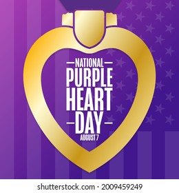 National Purple Heart Day. August 7. Holiday concept. Template for background, banner, card, poster with text inscription. Vector EPS10 illustration