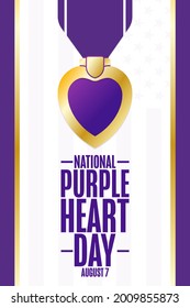 National Purple Heart Day. August 7. Holiday concept. Template for background, banner, card, poster with text inscription. Vector EPS10 illustration