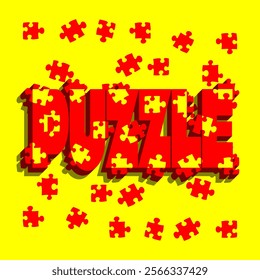 National Puzzle Day to celebrate on January 29th. Red bold text puzzle with puzzle pieces on yellow background.