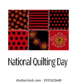 National Quilting Day, small rectangle sewn from shreds in black and red colors, for a banner or poster vector illustration