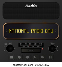 National Radio Day Greeting Card. Front view of modern radio with digital typography of Radio day on digital display. Editable Vector Artwork. EPS 10.